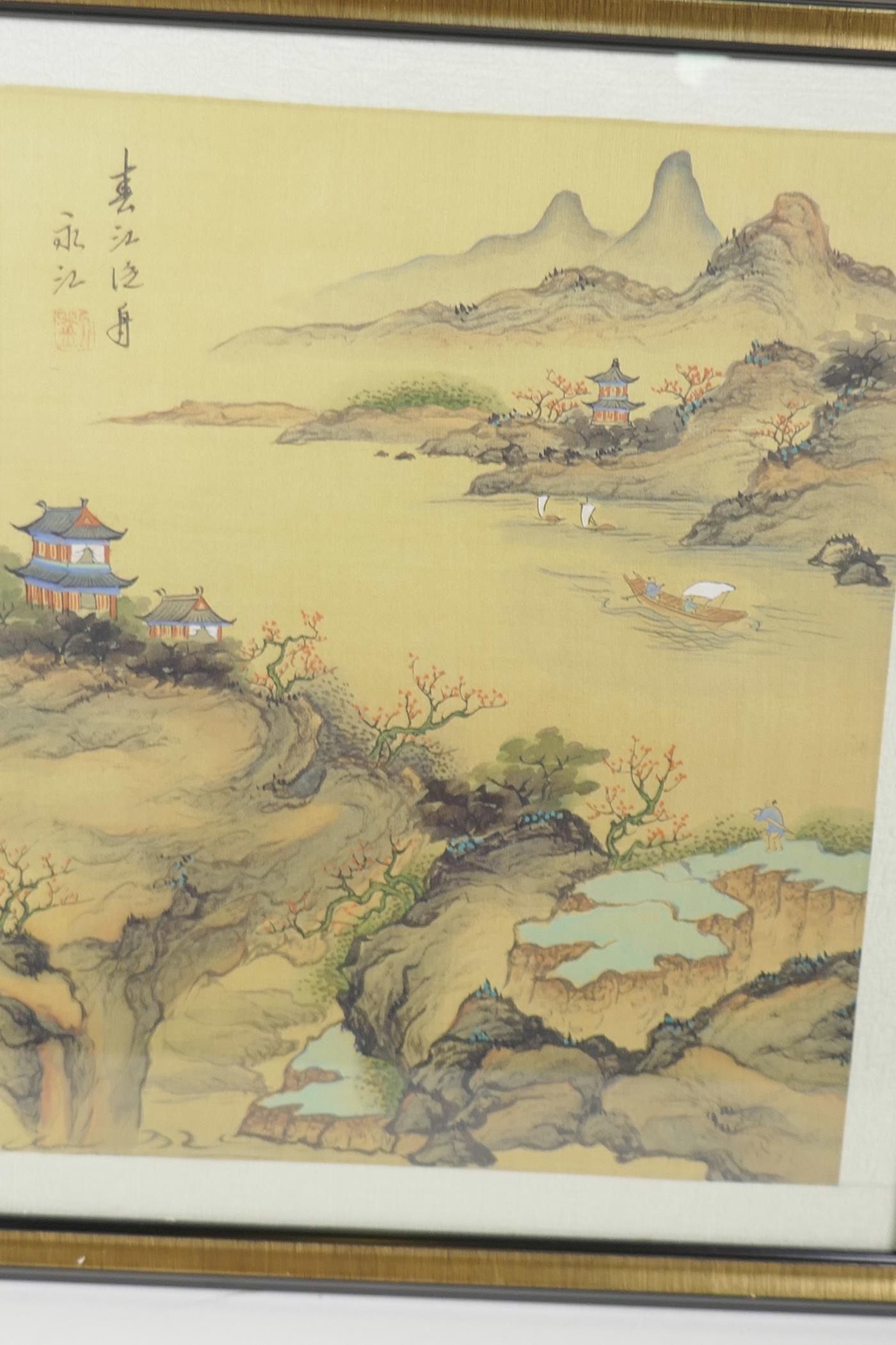 Two Chinese colour prints on silk, lake scenes with figures and boats, 10" x 12" - Image 3 of 3