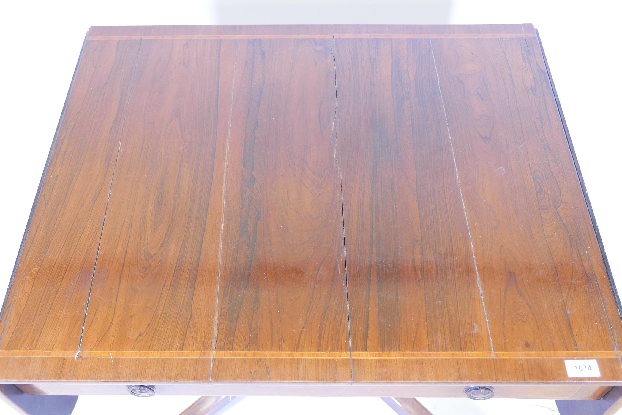 A Regency rosewood single drawer sofa table with satinwood banded top and boxwood stringing, - Image 3 of 5