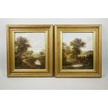 A pair of C19th oils on canvas, figures in rural landscapes, indistinctly signed, 12" x 10"