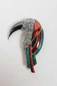A 925 silver and enamel toucan brooch, 2"