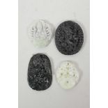 Four Chinese carved hardstone pendants decorated with auspicious animals and Buddha, largest 2"