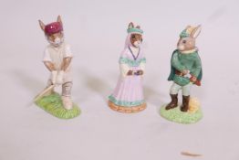 A Royal Doulton Bunnykins Robin Hood, Maid Marion, and a rabbit cricketer, 'out for a duck', 4" high
