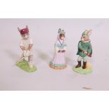 A Royal Doulton Bunnykins Robin Hood, Maid Marion, and a rabbit cricketer, 'out for a duck', 4" high