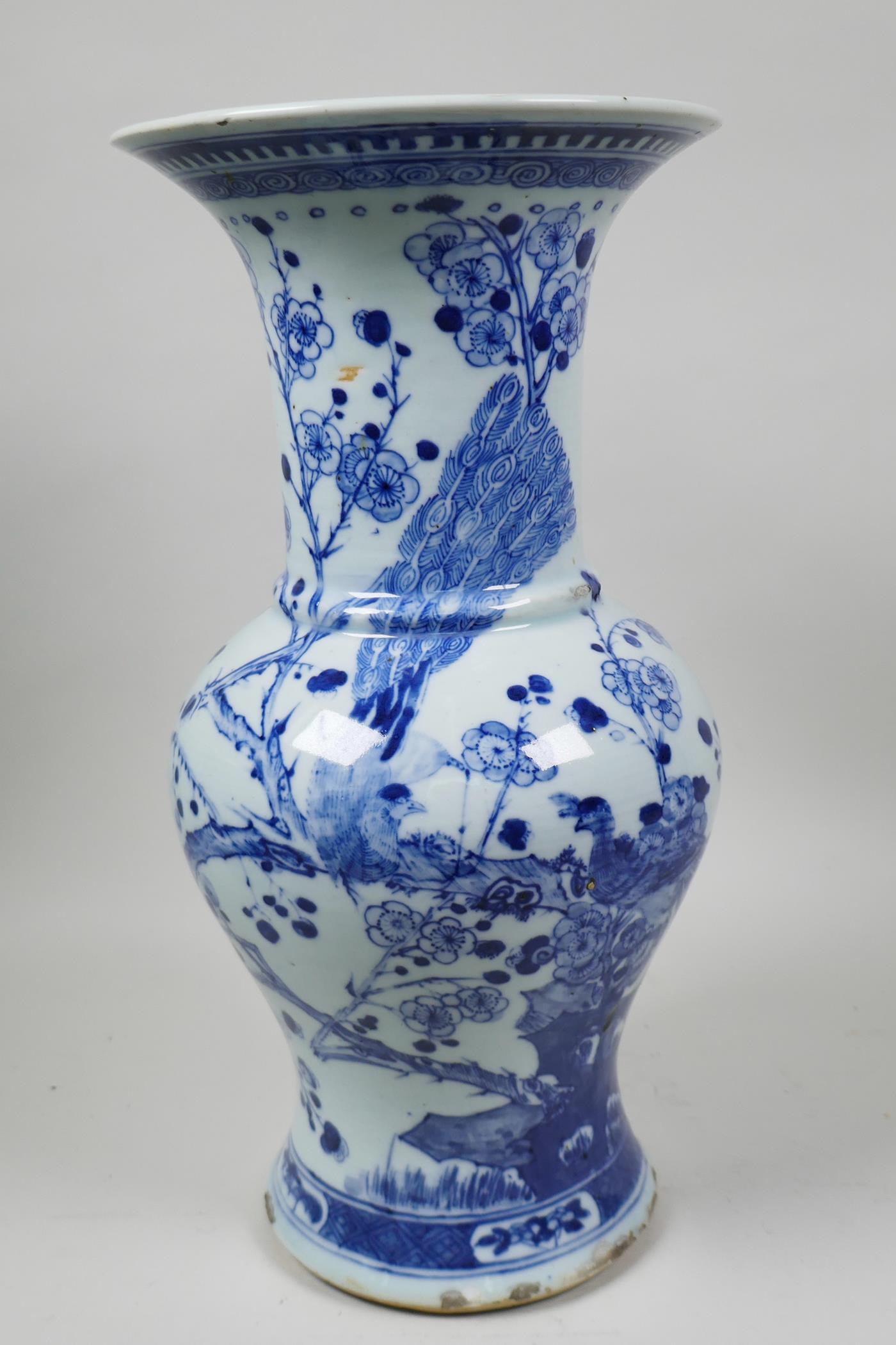 A C19th Chinese blue and white porcelain vase decorated with peacocks and prunus blossom, 14" - Image 5 of 7