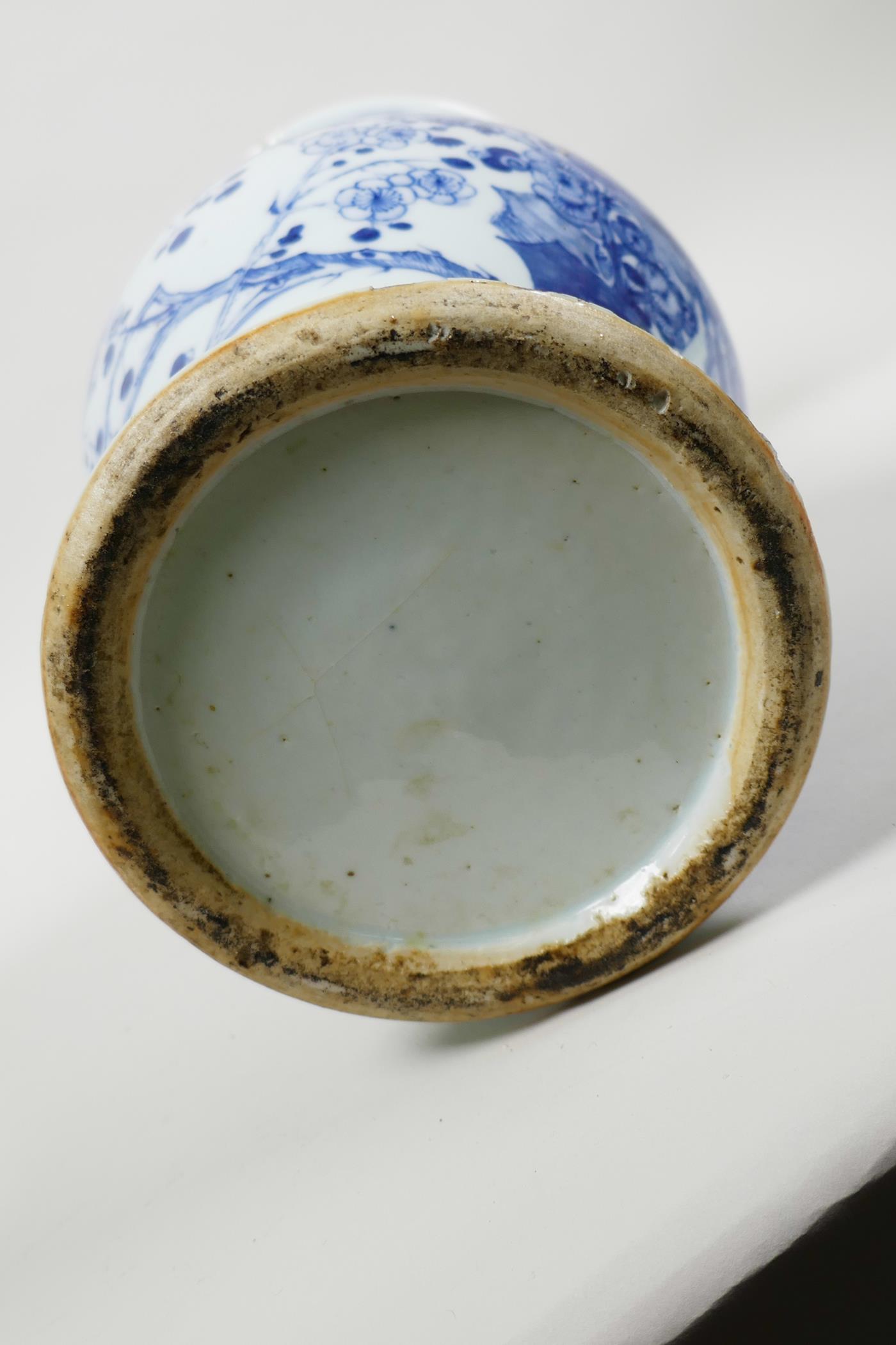 A C19th Chinese blue and white porcelain vase decorated with peacocks and prunus blossom, 14" - Image 6 of 7