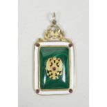 A Russian silver, gilt and enamel pendant set with malachite, 1½" x 2½"