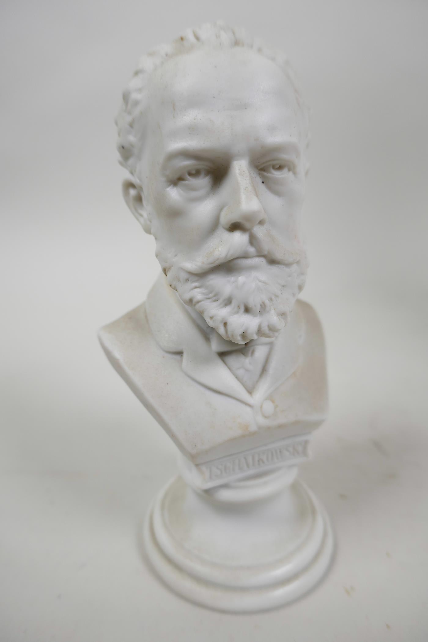 A Russian mid C20th Lomonosov (LFZ) style miniature white bisque porcelain bust of Pyotr Tchaikovsky - Image 2 of 8