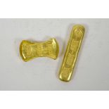 A Chinese gilt metal trade token and another, 4" longest