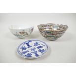 Two Chinese porcelain bowls, one painted with exotic birds and flowers in bright enamels, 5½"
