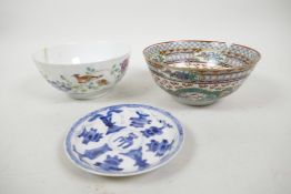 Two Chinese porcelain bowls, one painted with exotic birds and flowers in bright enamels, 5½"