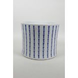 A Chinese blue and white porcelain brush pot with all over character inscription decoration, 6½"