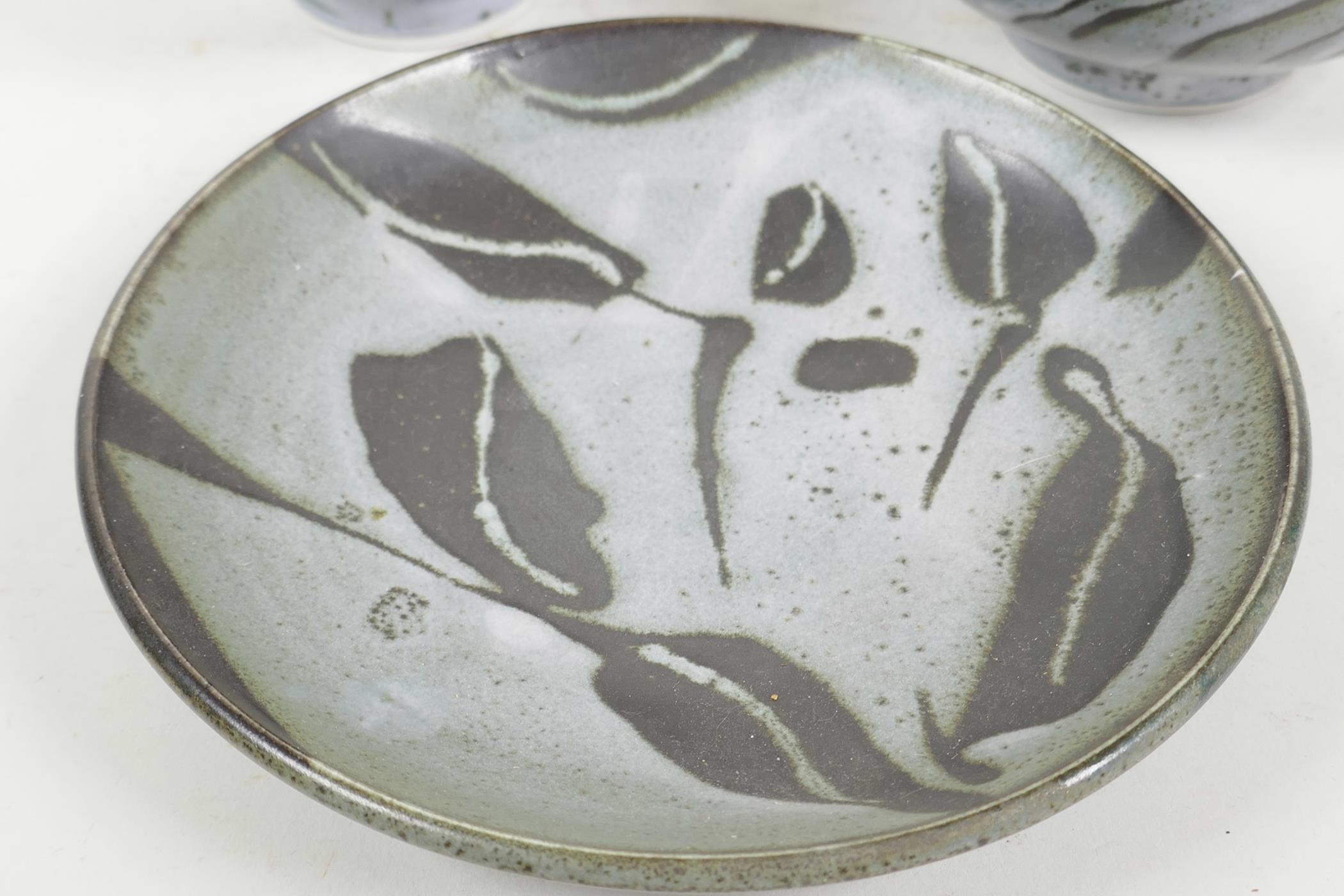 Studio pottery, two bowls and a shallow dish, slip glazed in grey/blue and brown, dish 6½" diameter - Image 2 of 5