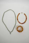 A Chinese green jade beaded necklace, an agate and pearl beaded necklace with a 925 silver clasp,