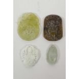 Four Chinese carved hardstone pendants decorated with deities and auspicious symbols, 2" largest