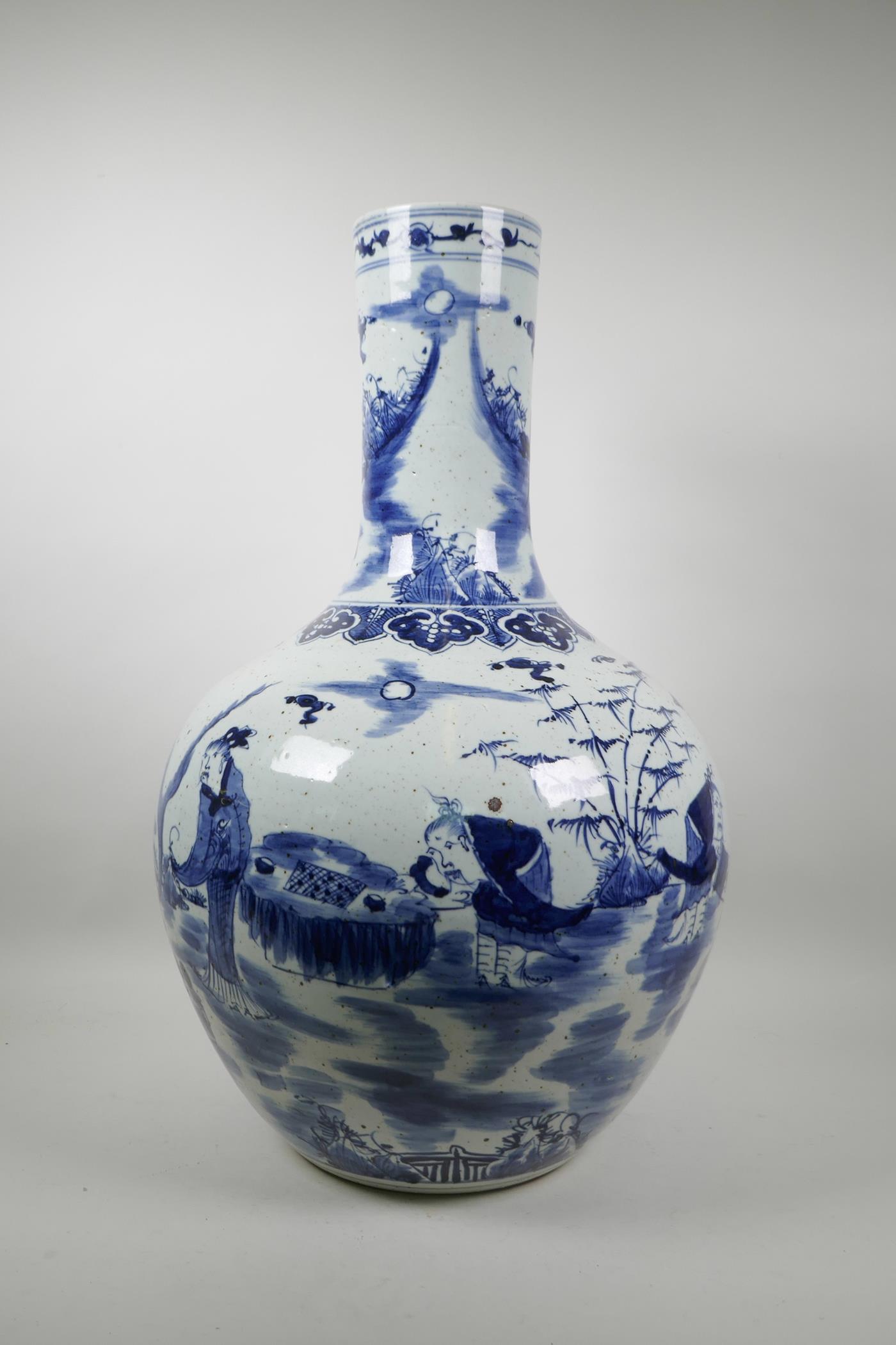 A large Chinese blue and white pottery bottle vase decorated with old bearded men in a garden, 23" - Image 3 of 5