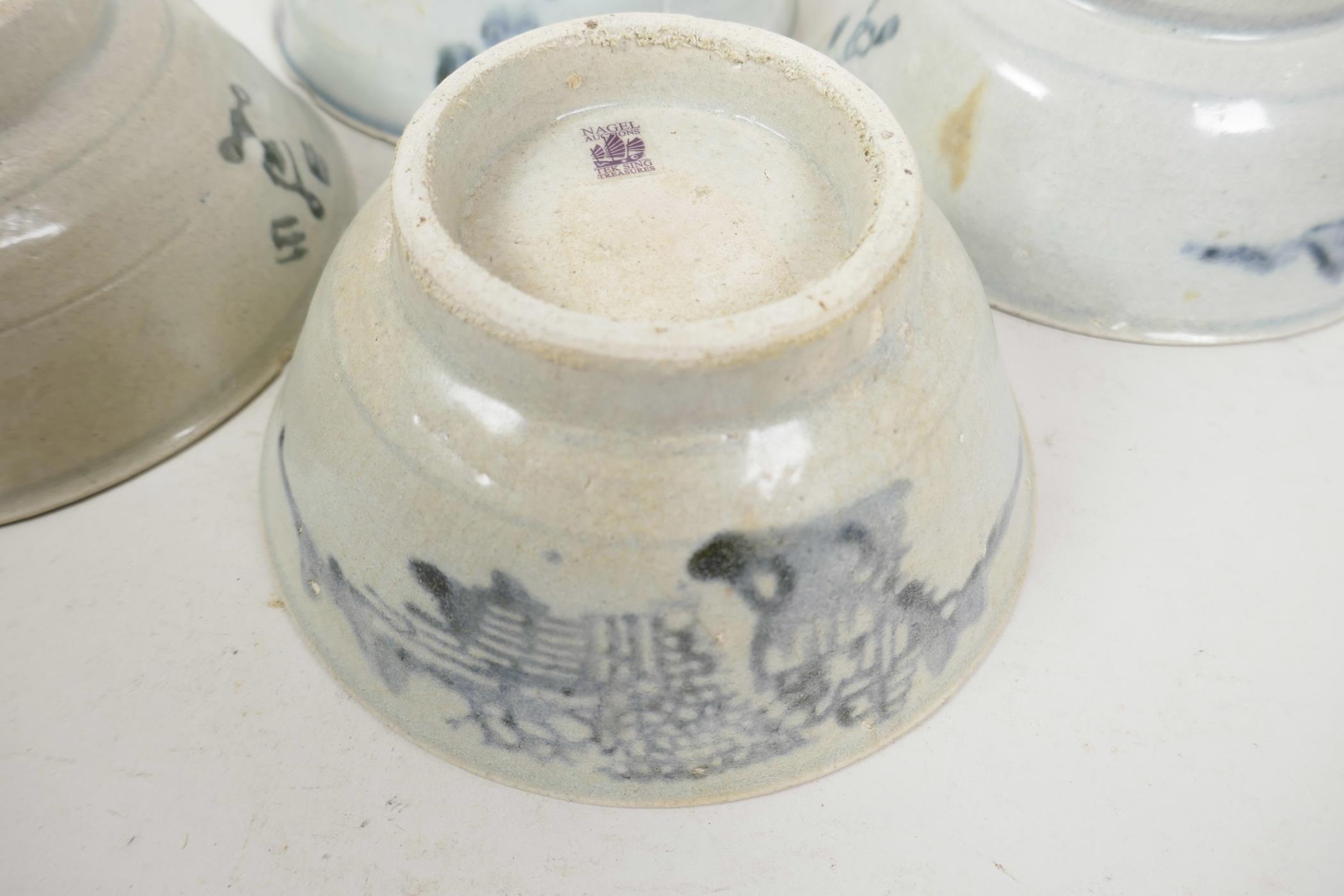 Five Chinese Tek Sing blue and white porcelain bowls, three with Nagel Auctions label to base, 5½" - Image 5 of 6