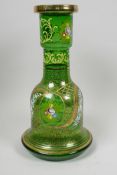 A Bohemian green glass (for the Persian market) hookah base painted with flowers in bright enamels