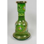 A Bohemian green glass (for the Persian market) hookah base painted with flowers in bright enamels