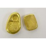 Two Chinese gilt metal trade tokens/ingots, 2" long
