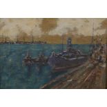 Harbour scene with steamboats by a quayside, signed verso Thornley, oil on canvas, 11½" x 15½"