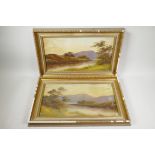 R. Hughes, pair of river landscape scenes at sunset, oil on card, 17½" x 10½"