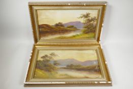 R. Hughes, pair of river landscape scenes at sunset, oil on card, 17½" x 10½"