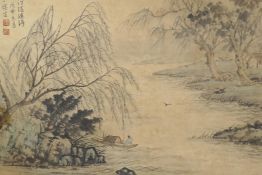 A Chinese watercolour of a fisherman on a river beneath a willow, 24½" x 18"