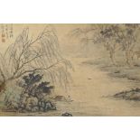 A Chinese watercolour of a fisherman on a river beneath a willow, 24½" x 18"