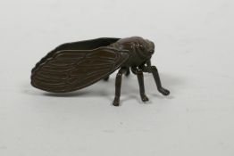 A Japanese Jizai style bronzed metal cicada, 2" long