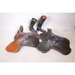 Two leather riding saddles, together with a pair of black leather riding boots, size 42/8