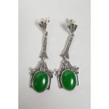 A pair of silver, marcasite and jade Art Deco style drop earrings, 2½" drop