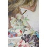Still life with fruit and flowers, indistinctly signed, C19th, oil on paper, 12" x 24"