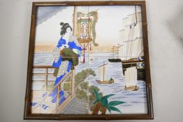 A Chinese porcelain tile picture of a girl on a balcony looking out to sea, comprising four tiles in
