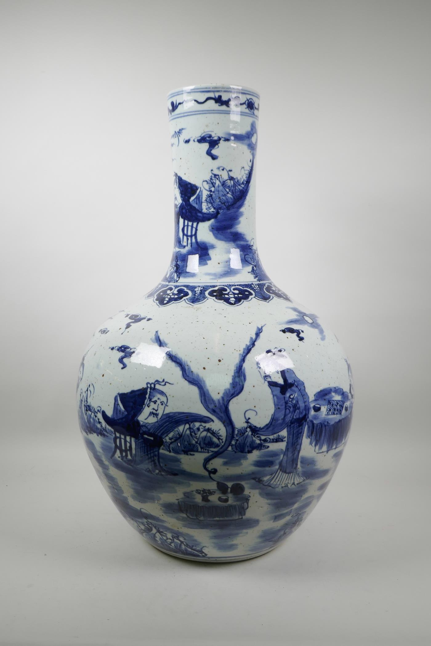 A large Chinese blue and white pottery bottle vase decorated with old bearded men in a garden, 23" - Image 2 of 5