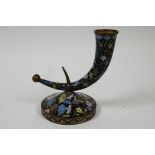 A small Oriental cloisonne cornucopia on swivel stand, 4½" high