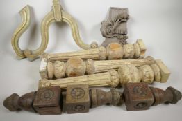 A box containing 3 x 3 carved legs, and a fruit carved panel
