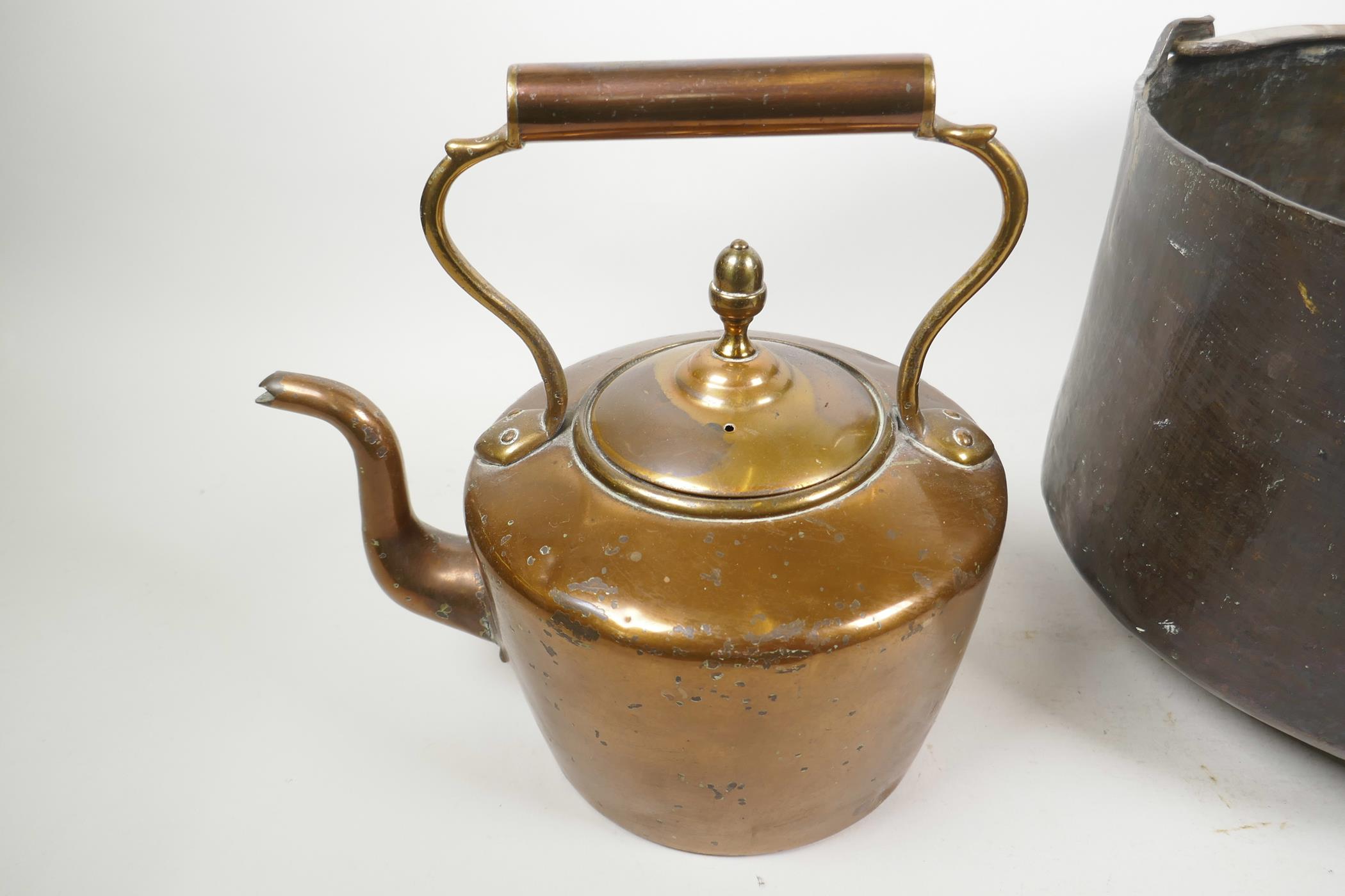 A Victorian copper kettle, 10" high, together with a copper cauldron with brass swing handle (2) - Image 2 of 3