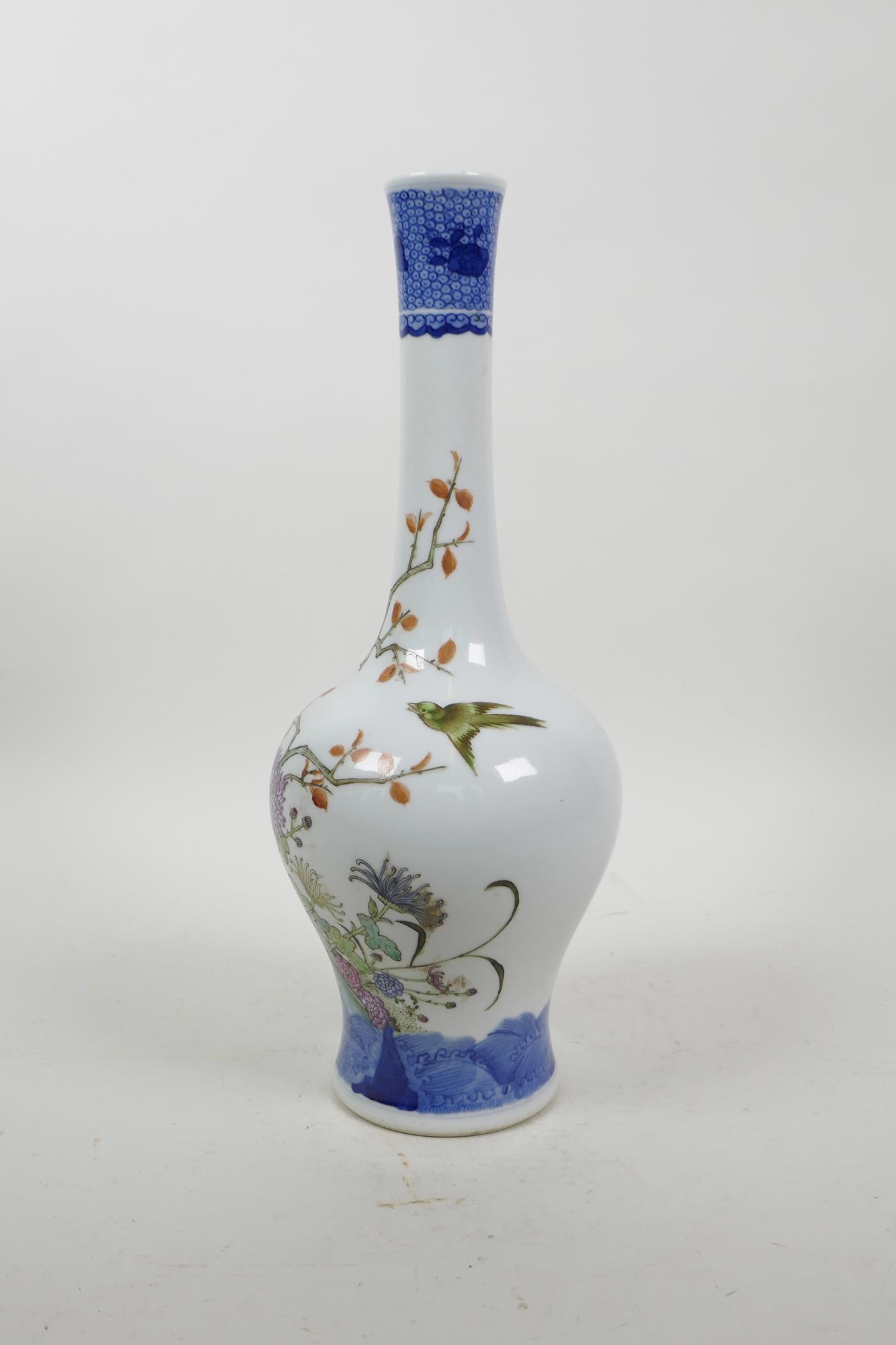 A Chinese polychrome porcelain slender necked vase decorated with birds and chrysanthemums, 6 - Image 2 of 4
