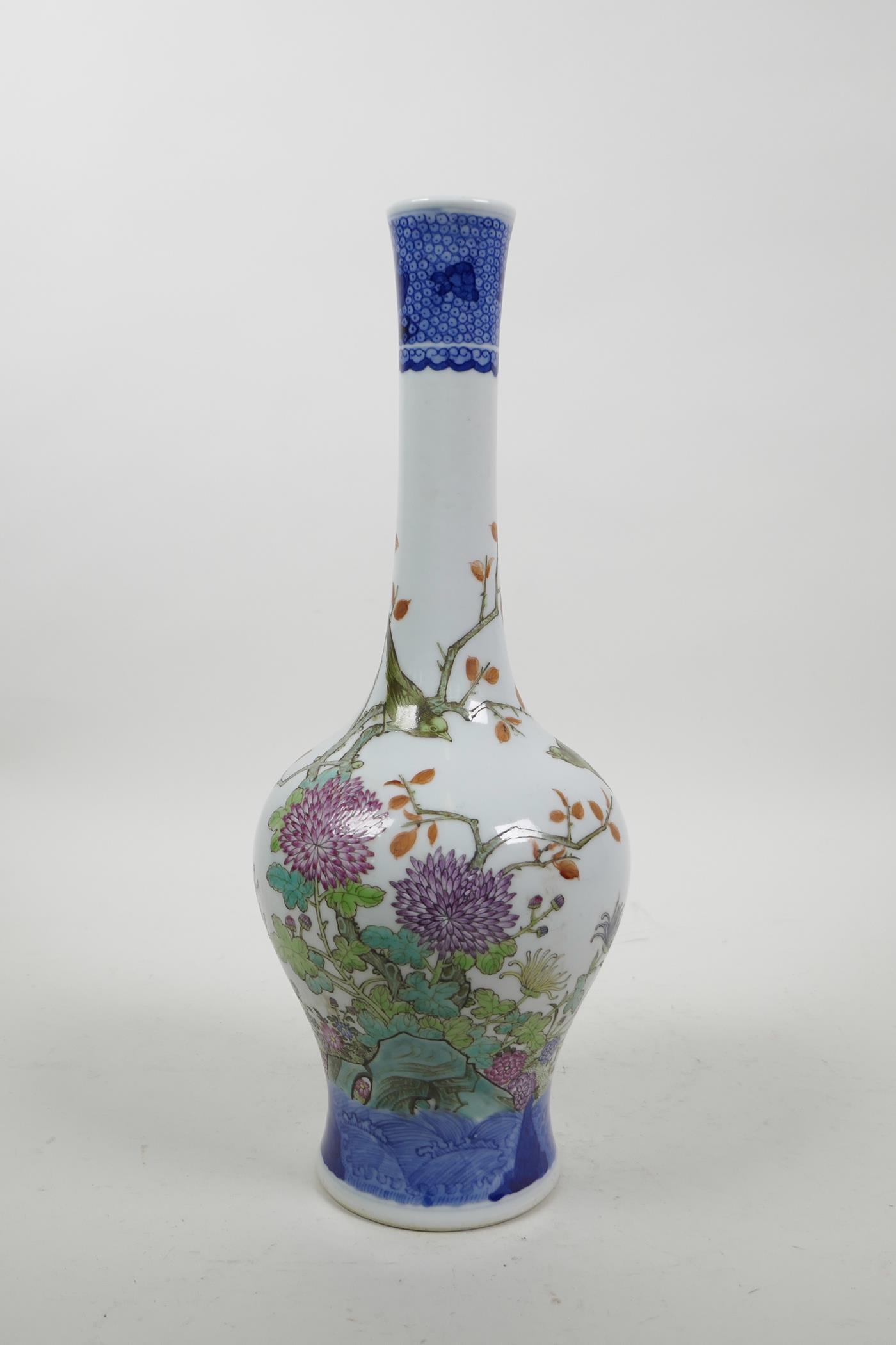A Chinese polychrome porcelain slender necked vase decorated with birds and chrysanthemums, 6