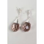 A pair of 925 silver and pink glass drop earrings, 1½" drop