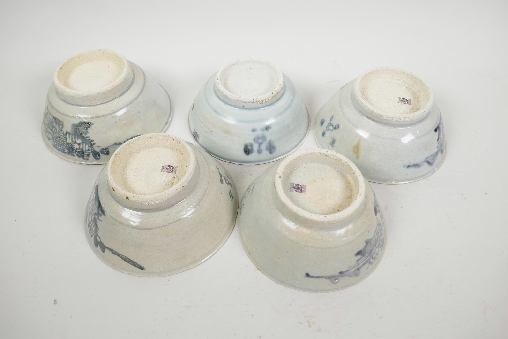 Five Chinese Tek Sing blue and white porcelain bowls, three with Nagel Auctions label to base, 5½" - Image 4 of 6