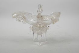 A Chinese pressed glass jue vessel, 4½" high, 5½" long