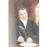 A portrait miniature of a C19th gentleman at his desk, 3½" x 4½"