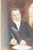 A portrait miniature of a C19th gentleman at his desk, 3½" x 4½"