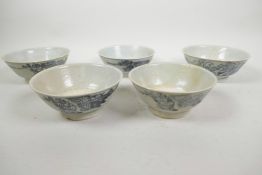 Five Chinese Tek Sing blue and white porcelain bowls, three with Nagel Auctions label to base, 5½"