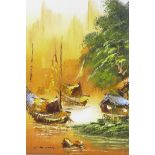 Fishing boats moored by the shore, Thai oil on canvas, indistinctly signed, 12½" x 16"