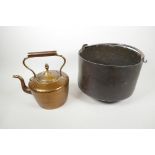 A Victorian copper kettle, 10" high, together with a copper cauldron with brass swing handle (2)