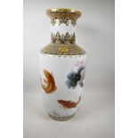 A large Chinese porcelain vase decorated with golden carp and calligraphy, 25" high