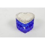 A blue glass, heart shaped trinket box with a sterling silver cover, 2½" x 2½"