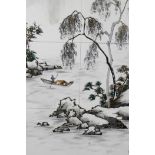 A Chinese porcelain tile picture of a lake landscape with boatman comprised of eight tiles,